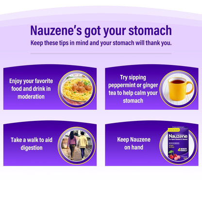 Nauzene Non-drowsy Upset Stomach & Nausea Relief Chewable Tablets - Fast-Acting Relief in 4 Minutes - Doctor Recommended - Wild Cherry Flavor, 42 ct - Maple Wellness Supplements