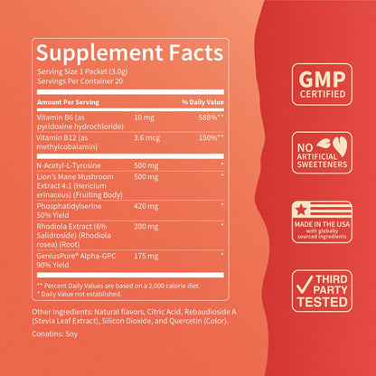 Nello Superfocus Mojito – Nootropic Focus Drink Mix, 20 On-The-Go Packets, Alpha GPC, Lion’s Mane, Rhodiola, Sugar-Free - Maple Wellness Supplements