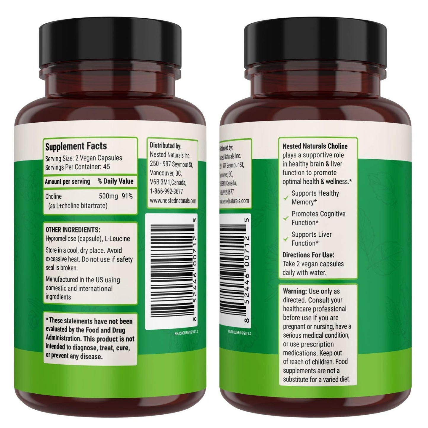 Nested Naturals Choline Bitartrate 500mg Per Serving - High Potency Choline Supplements - Supports Cognitive Performance & Liver Function - Maple Wellness Supplements