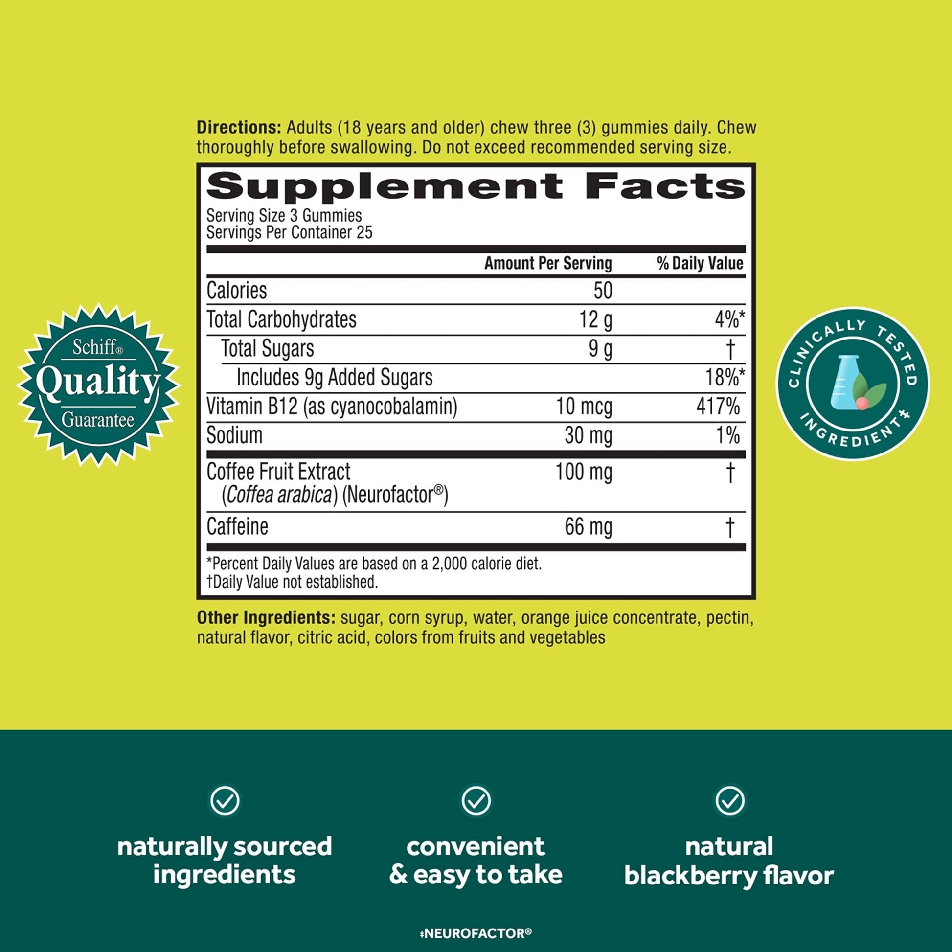 NEURIVA Brain + Energy Gummies, Nootropic Brain Supplements for Focus and Concentration with Neurofactor, Vitamin B12 & Caffeine for an Energy Boost*, 75ct Natural BlackBerry - Maple Wellness Supplements