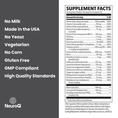 NeuroQ Daily Essentials Multivitamin – High‑Potency Brain & Body Support with Choline 550 mg, PQQ, CoQ10, Alpha Lipoic Acid - Maple Wellness Supplements