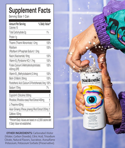 Neutonic Nootropic Productivity Energy Drink | Tropical Ice 12 Cans | 120mg Natural Caffeine, Zero Sugar | Support Memory, Mental Clarity, Cognitive Function | Boost Focus, Energy, Brain Health - Maple Wellness Supplements