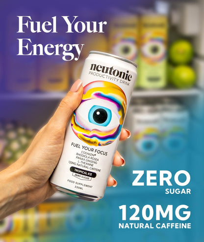 Neutonic Nootropic Productivity Energy Drink | Tropical Ice 12 Cans | 120mg Natural Caffeine, Zero Sugar | Support Memory, Mental Clarity, Cognitive Function | Boost Focus, Energy, Brain Health - Maple Wellness Supplements