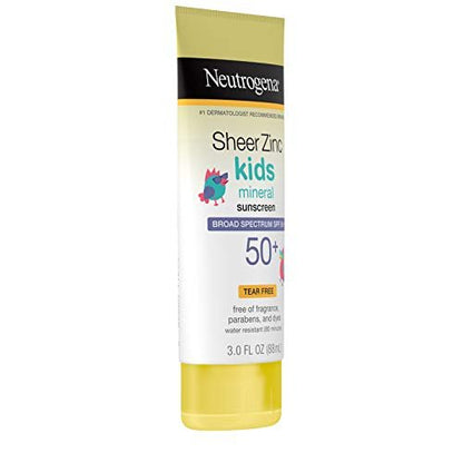 Neutrogena Sheer Zinc Oxide Kids Mineral Sunscreen Lotion, Broad Spectrum SPF 50+ with UVA/UVB Protection, Water-Resistant for 80 Minutes, Paraben-, Dye-, Fragrance- & Tear Free, 3 fl. oz - Maple Wellness Supplements