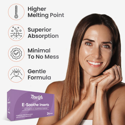 NewLife Naturals Vitamin E Vaginal Suppositories 38IU ESoothe - Moisture & Hydration Support - All Natural Estrogen Free Feminine Care - 24 Inserts - Maple Wellness Supplements