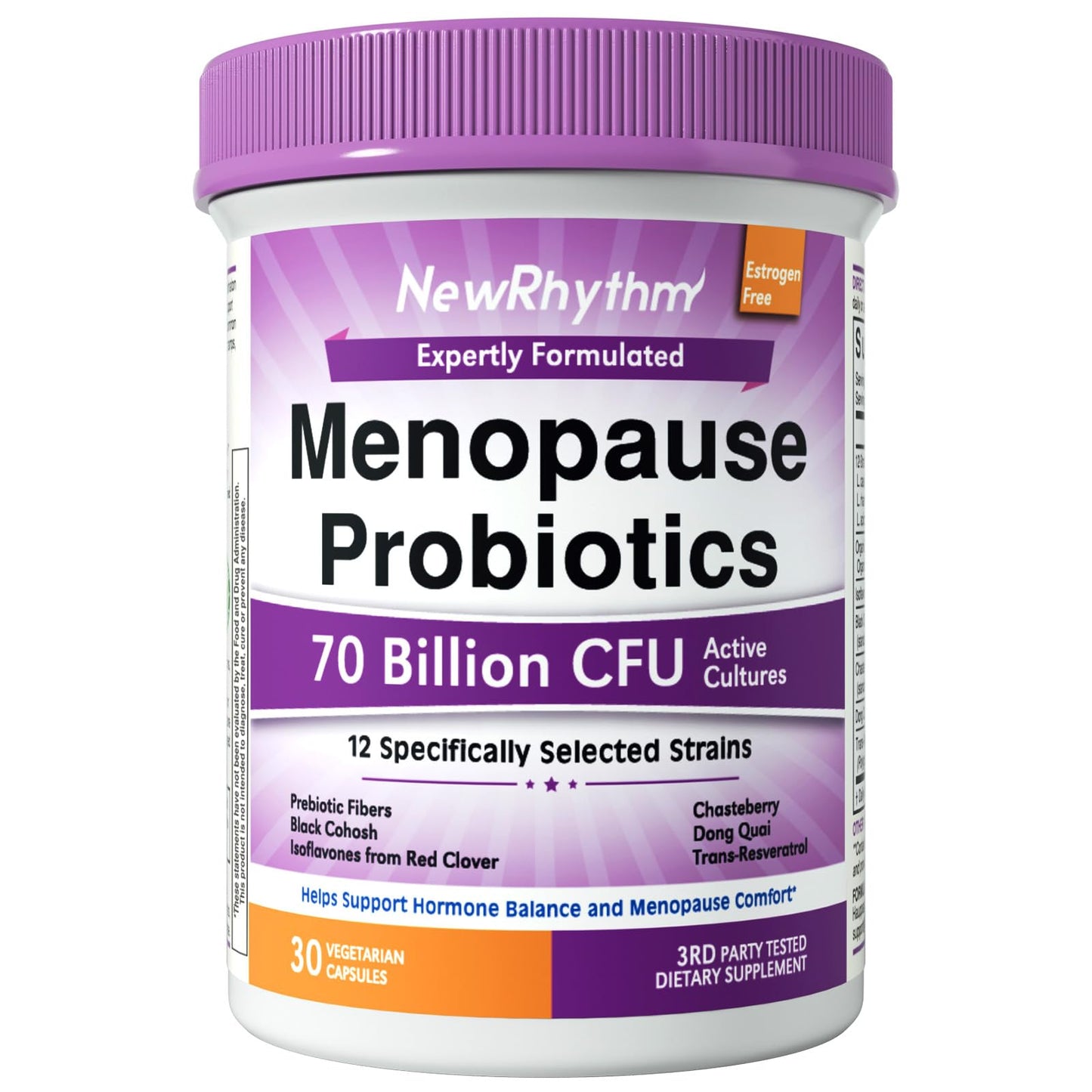 NewRhythm Menopause Probiotics for Women, 7-in-1 Relief, Prebiotics, Black Cohosh Trans-Resveratrol Chasteberry Red Clover Dong Quai, Hot Flashes Night Sweats, No Soy, No Estrogen, 30 Ct - Maple Wellness Supplements