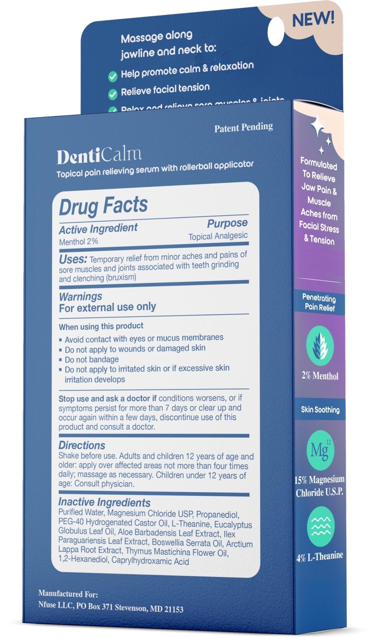 nfuse DentiCalm Soothing Pain Relief for Teeth Grinding and Jaw Clenching (Bruxism), for Jaw, Head and Neck Pain, Stiffness and Tension, Nightguard Discomfort Relief, 0.47 OZ - Maple Wellness Supplements