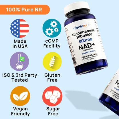 Niacinex NAD+ Supplement - 600mg Pure Nicotinamide Riboside (NR) - Healthy Aging, Mental Clarity & Energy Booster - Cell Regeneration Supplements for Women and Men - 60 NAD Plus Capsules - Made in USA - Maple Wellness Supplements