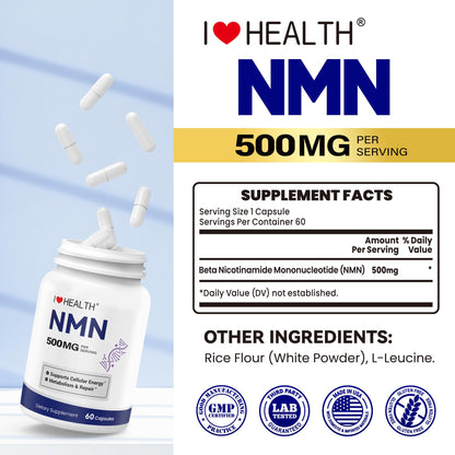 NMN 500MG Per Capsule – High Purity 99.9% NMN, NAD+ Support for Cellular Energy & Healthy Aging, 60 Capsules, Third-Party Tested, cGMP Made in USA - Maple Wellness Supplements