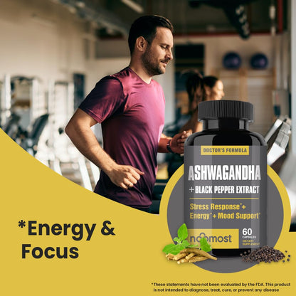 NooMost Organic Ashwagandha 400mg Capsules w/Black Pepper Extract as Vegan Ashwagandha Supplements for Anti Stress Relief, Natural Mood Support, Energy & Focus-60 Capsules - Maple Wellness Supplements