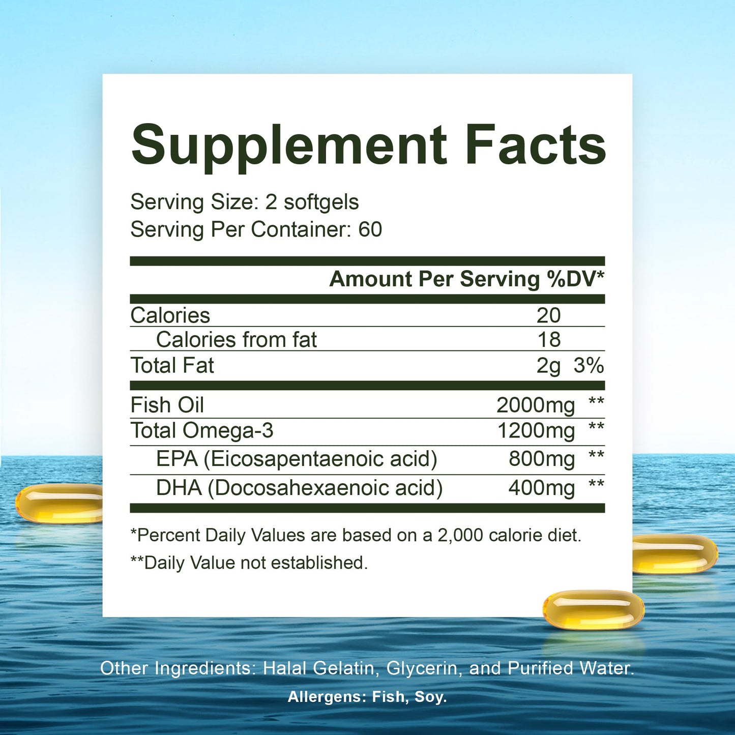Noor Vitamins Halal Fish Oil, Halal Vitamins, Ultra Omega 3 Wild Peruvian Fish (800 mg EPA & 400 mg DHA) Heart, Brain & Joint Support, Non-GMO and Gluten Free (120 Count) - Maple Wellness Supplements