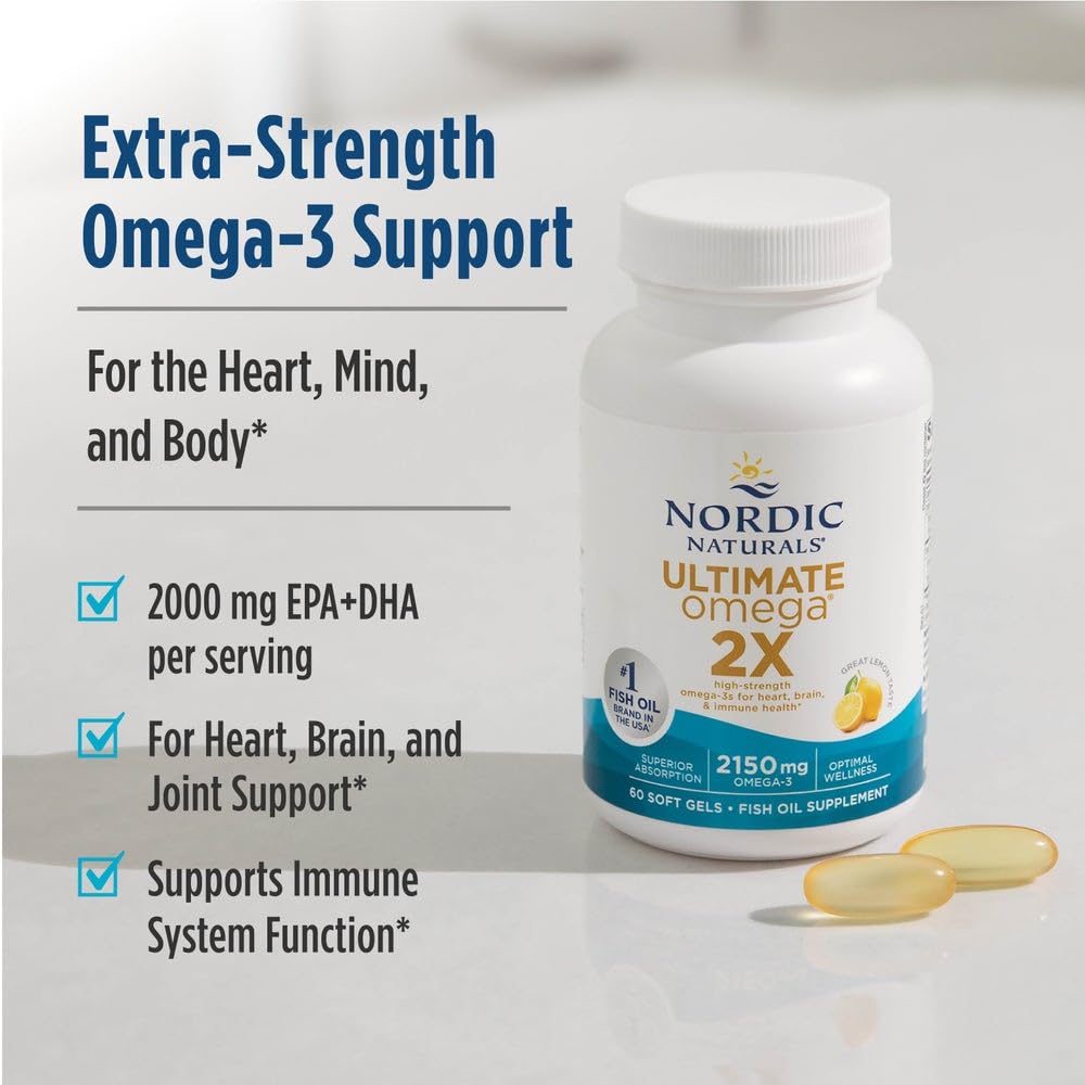 Nordic Naturals Ultimate Omega 2X, Lemon Flavor - 120 Soft Gels - 2150 mg Omega-3 - High-Potency Fish Oil with EPA & DHA - Promotes Brain & Heart Health - Maple Wellness Supplements