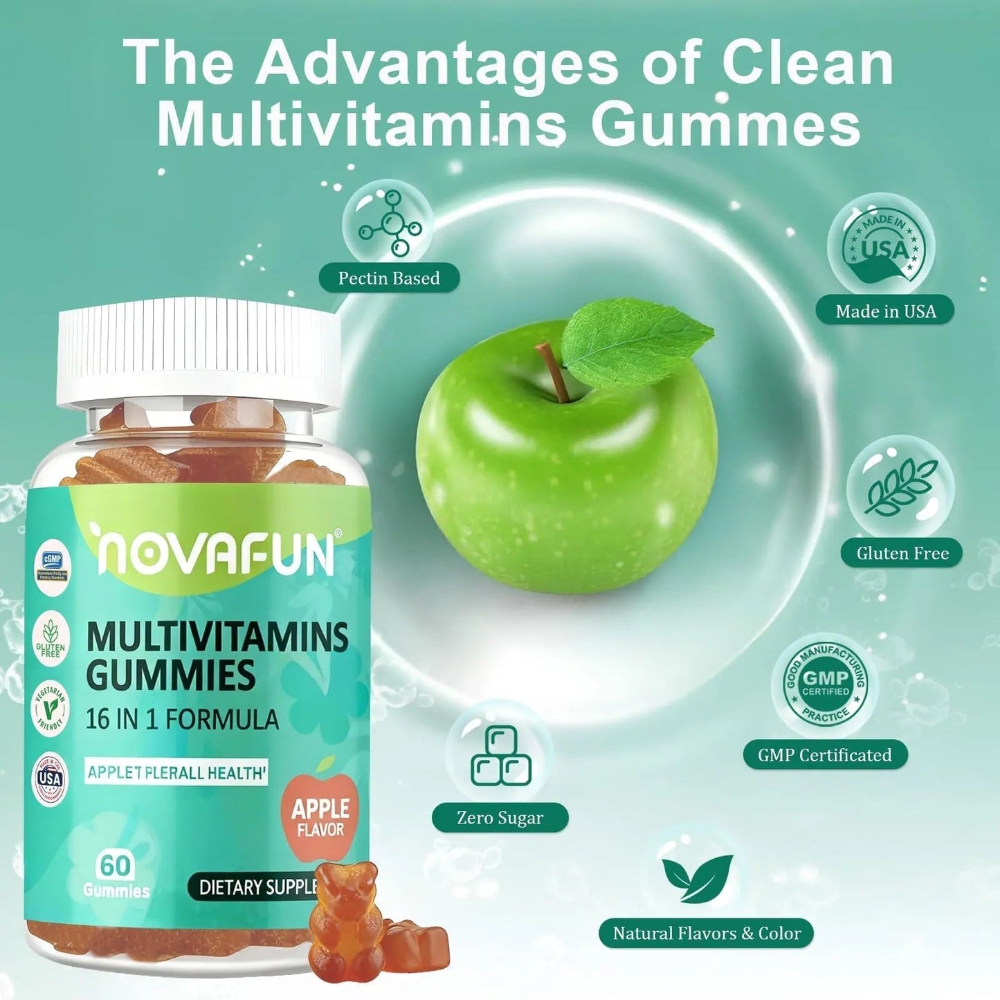 Novafun Multivitamin Gummies,16-in-1 Multi Vitamin Supplements for Women, Men & Kids, Essential Vitamins & Minerals - Maple Wellness Supplements