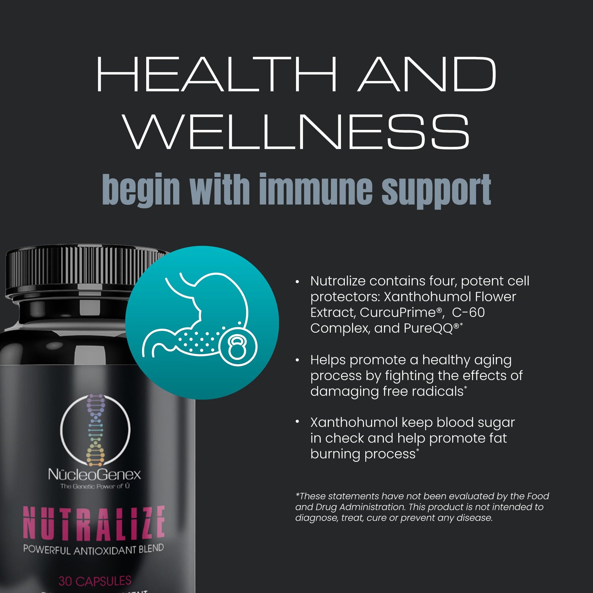 Nucleogenex - Nutralize - The Key to Supporting a Healthy Aging Process and Immune System - Potent Blend for Powerful Cell Protection - Xanthohumol, CurcuPrime, C-60 Complex, PureQQ - 30 Capsules - Maple Wellness Supplements