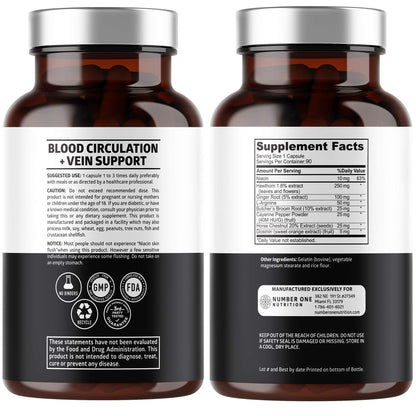 Number One Nutrition Premium Blood Circulation Supplement for Women and Men [8 Powerful Herbs & Vitamins] All Natural Blood Flow Supplement with Hawthorn, Butchers Broom and Cayenne Pepper, 90 Caps - Maple Wellness Supplements