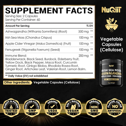 NUQIIT Organic Ashwangdha Capsules 15000mg Irish Sea Moss Apple Cider Vinegar & More - Support Brain Health, Strength & Immune System - 120 Vegan Capsules - Maple Wellness Supplements