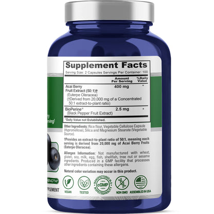 NusaPure Acai Berry 50:1 Extract - Suitable for Vegetarian/Vegan, Non - GMO - 20000 mg - 200 Capsules - Maple Wellness Supplements