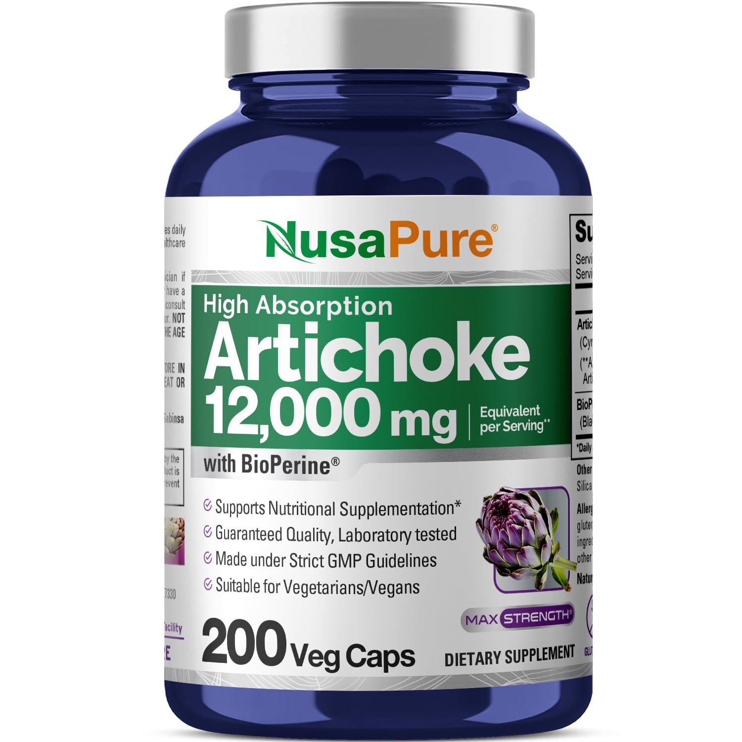 NusaPure Artichoke 20:1 Extract, 600 mg Equivalent to 12,000mg 200 Veggie caps (Non-GMO, Gluten Free) - Maple Wellness Supplements