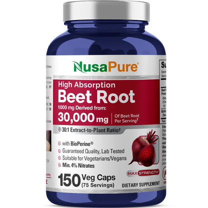 NusaPure Beet Root 30:1 Extract, 1000 mg Equivalent to 30,000 mg 150 Veggie caps (Vegan, Non-GMO & Vegan 4% Nitrates) Bioperine - Maple Wellness Supplements