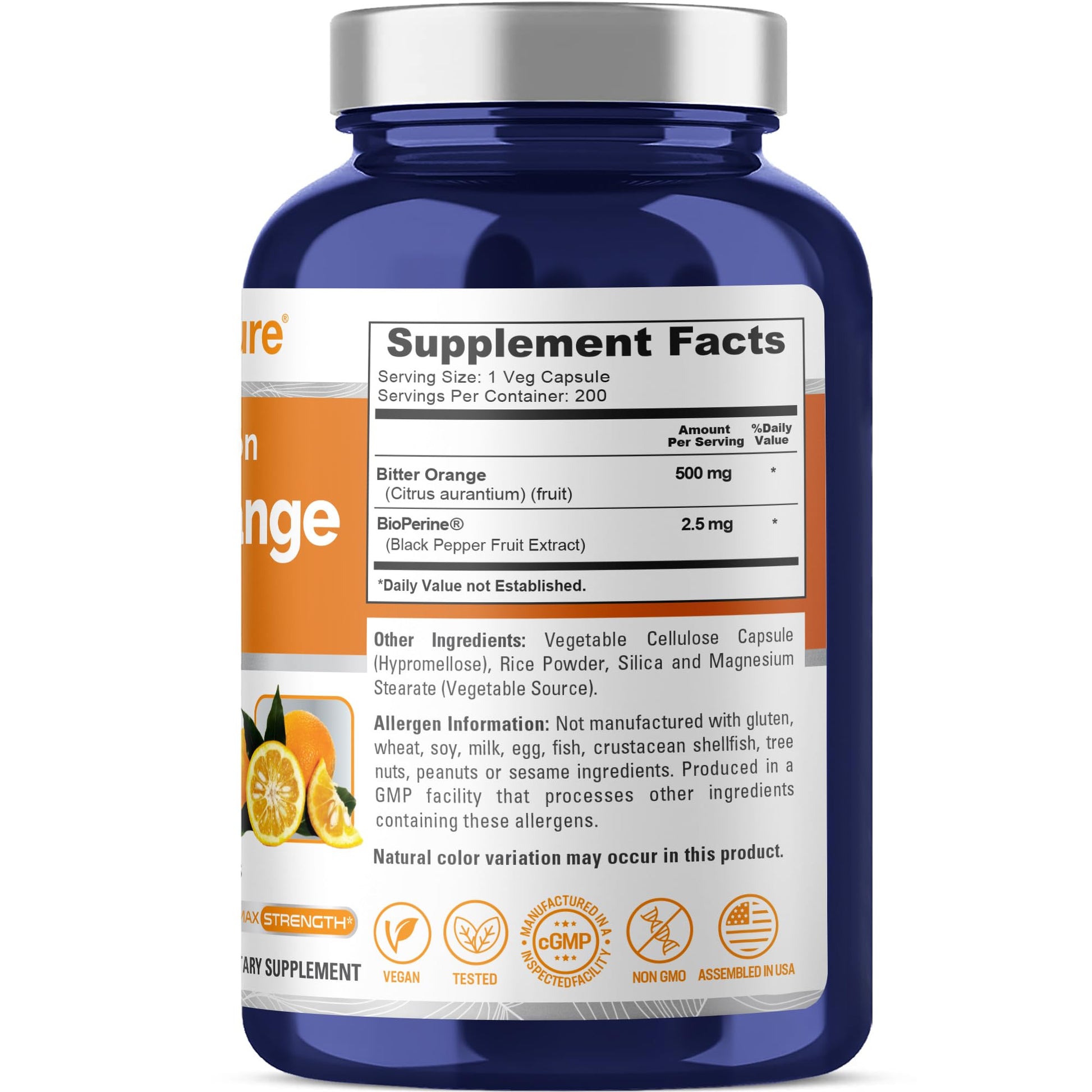 NusaPure Bitter Orange - Suitable for Vegetarian/Vegan, Non - GMO - 500mg 200 Capsules - Maple Wellness Supplements