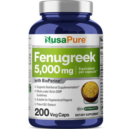NusaPure Fenugreek Capsules, 50:1 Extract, 100 mg Equivalent to 5,000mg, 200 Veggie Caps, Non-GMO, Vegan - Maple Wellness Supplements