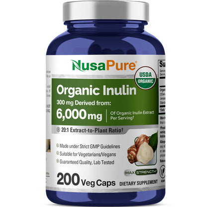 NusaPure Inulin Powder 20:1 Extract, 300 mg Equivalent to 6,000mg | 200 Veg Capsules |USDA Organic Suitable for Vegetarians, Vegan, Non-GMO Supplement - Maple Wellness Supplements