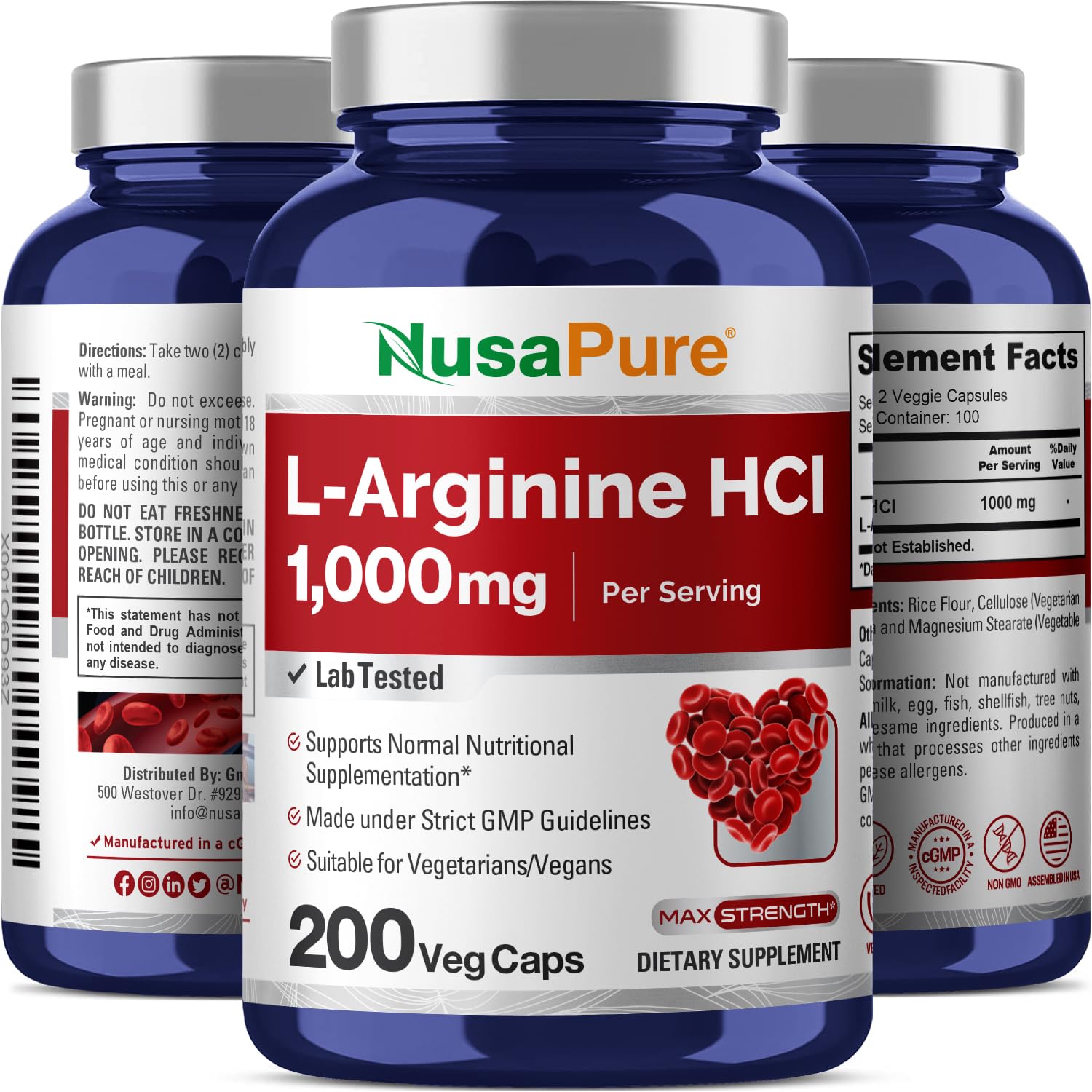 NusaPure L-Arginine 1000 mg 200 Veggie Capsules (Non-GMO, Vegetarian, Vegan) - Maple Wellness Supplements