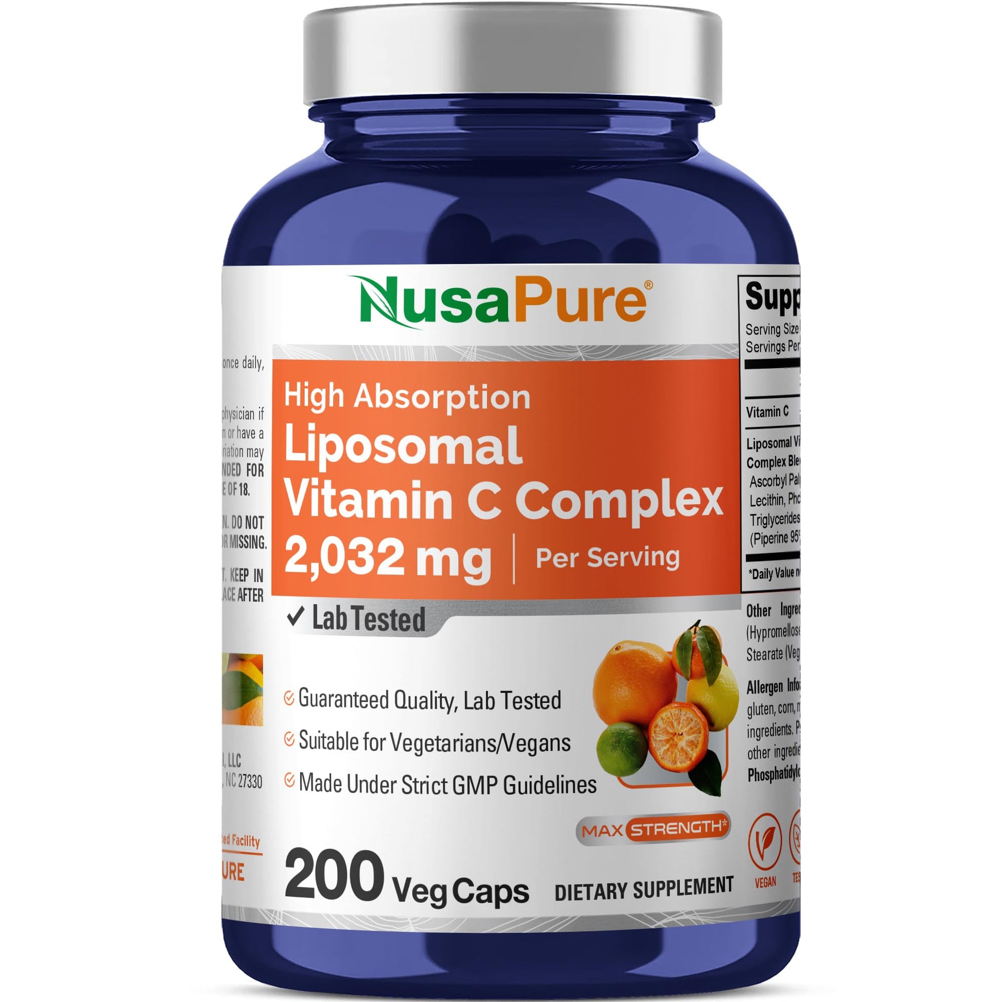 NusaPure Liposomal Vitamin C 2032mg - 200 Veggie Vegan Capsules, BioPerine - High Absorption Ascorbic Acid - Maple Wellness Supplements