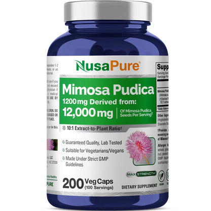 NusaPure Mimosa Pudica Seed 10:1 Extract, 1200 mg Equivalent to 12,000 mg 200 Veg Capsules (Non-GMO, Vegan) - Maple Wellness Supplements
