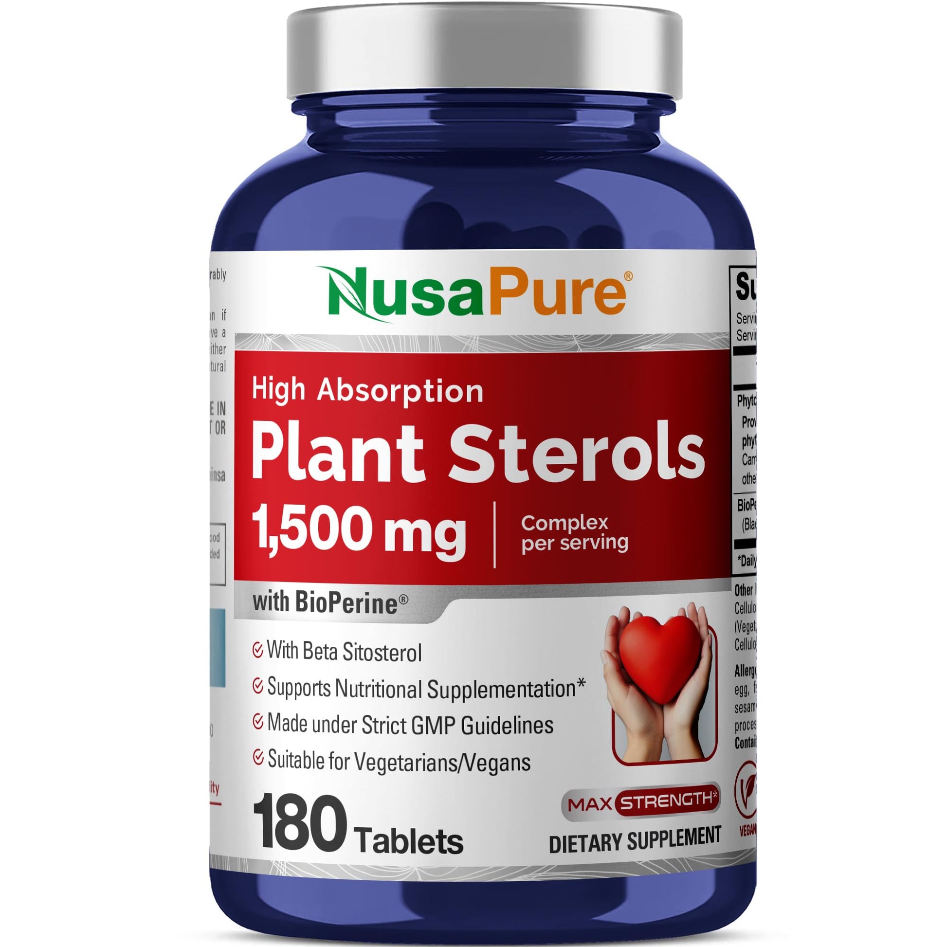 NusaPure Plant Sterols 1500 mg - 180 Tablets (Non-GMO, Vegan) Beta Sitosterol, Bioperine - Maple Wellness Supplements