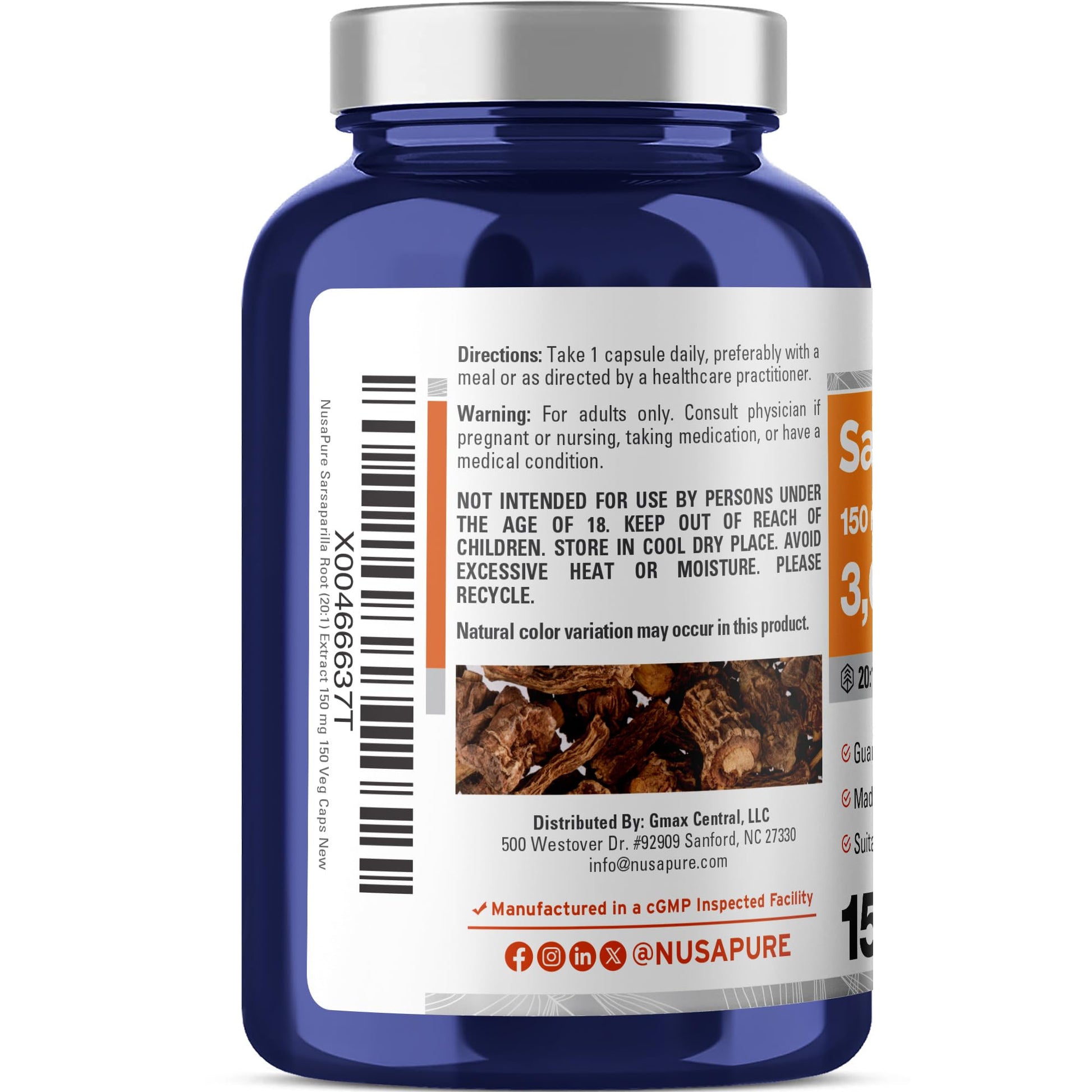 NusaPure Sarsaparilla Root 20:1 Extract - Suitable for Vegetarian/Vegan, Non - GMO - 3000 mg - 150 Capsules - Maple Wellness Supplements