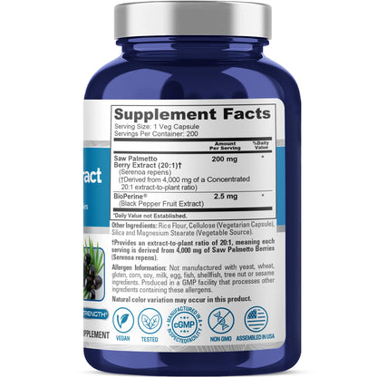 NusaPure Saw Palmetto 20:1 Extract, 200 mg Equivalent to 4,000 mg per Veggie Caps 200 Count Non-GMO, Vegan, Vegetarian, Bioperine - Maple Wellness Supplements