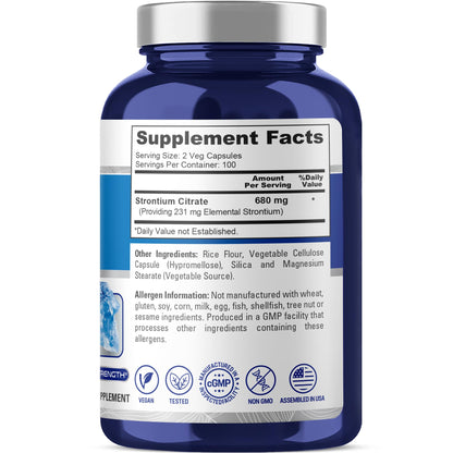 NusaPure Strontium Citrate - Suitable for Vegetarian/Vegan, Non - GMO - 680 mg 200 Capsules - Maple Wellness Supplements