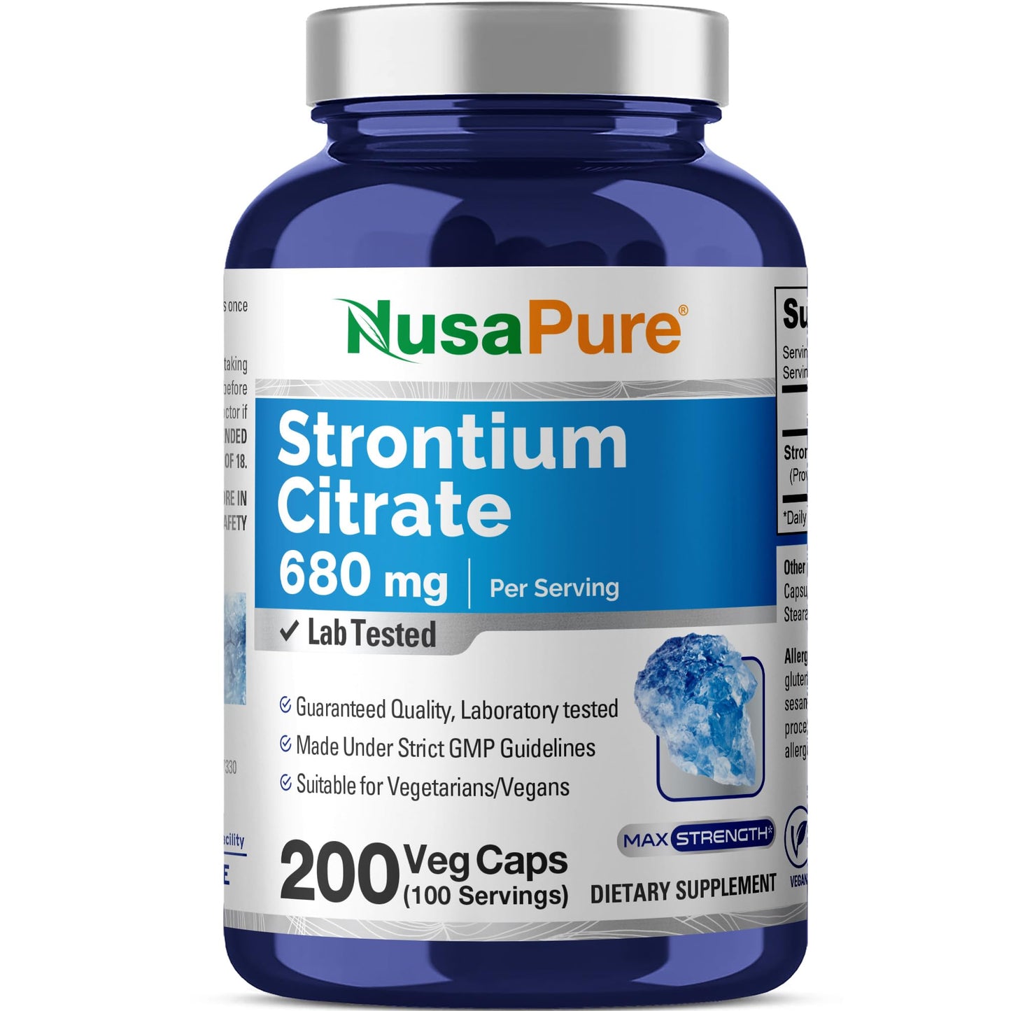 NusaPure Strontium Citrate - Suitable for Vegetarian/Vegan, Non - GMO - 680 mg 200 Capsules - Maple Wellness Supplements
