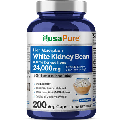 NusaPure White Kidney Beans 30:1 Extract, 800 mg Equivalent to 24,000 mg 200 Vegan Capsules - Bioperine - (Vegan, Non-GMO) - Maple Wellness Supplements