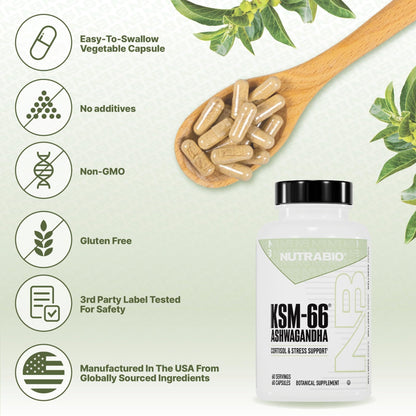 NutraBio Ashwagandha KSM-66 | Ashwagandha Herbal Supplement for Stress, Mood, & Performance | 600 MG of Clinically Studied KSM66 60 Capsules - Maple Wellness Supplements