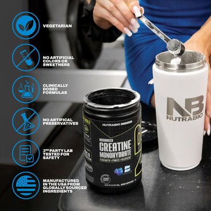 NutraBio Pure Micronized Creatine Monohydrate Powder Supplement, Blue Razz (300 g) - Supports Bulk Muscle Energy, Recovery, and Strength - HPLC Tested Creatine Powder Supplement for Men and Women - Maple Wellness Supplements