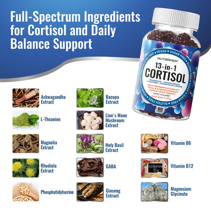 NutraPep Cortisol Gummies for Women Men - 13-in-1 High Cortisol Reducer with Ashwagandha Magnesium L-theanine Rhodiola Rosea - Daily Cortisol Detox Manager for Stress Focus Support - Vegan Sugar Free - Maple Wellness Supplements