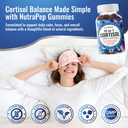 NutraPep Cortisol Gummies for Women Men - 13-in-1 High Cortisol Reducer with Ashwagandha Magnesium L-theanine Rhodiola Rosea - Daily Cortisol Detox Manager for Stress Focus Support - Vegan Sugar Free - Maple Wellness Supplements