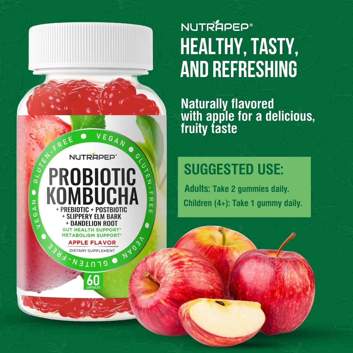 NutraPep Probiotic Kombucha Gummies - Women Men Probiotic Prebiotic Probiotic Blend for Gut Health Bloating Metabolism Support with Slippery Elm Bark Dandelion Root - Vegan Gluten Free Apple Flavor - Maple Wellness Supplements