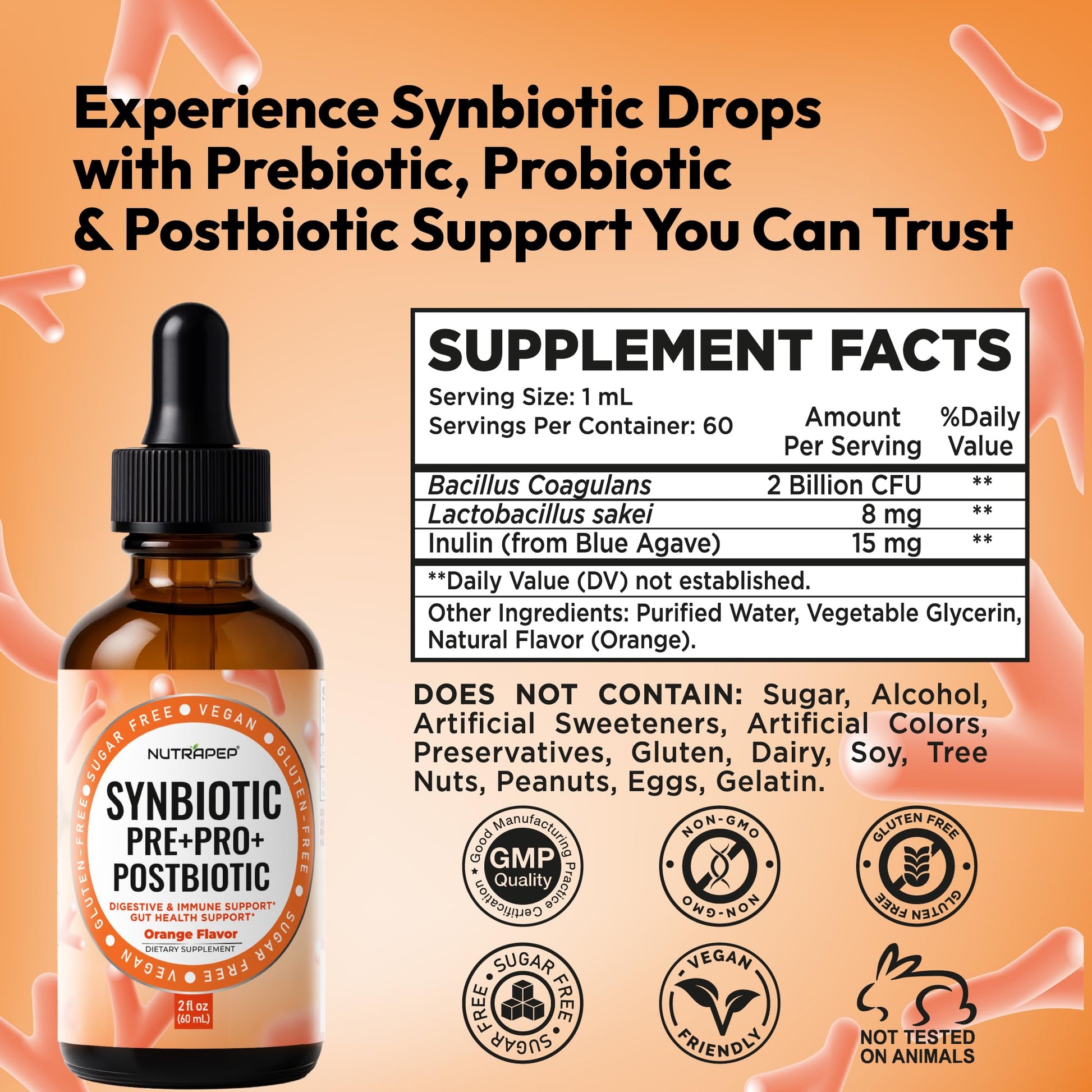 NutraPep Synbiotic Liquid Drops - Probiotic Prebiotic & Postbiotic Supplement for Adults Kids Ages 4+ - Daily Synbiotic for Gut Health Digestive & Immune Support - Maple Wellness Supplements