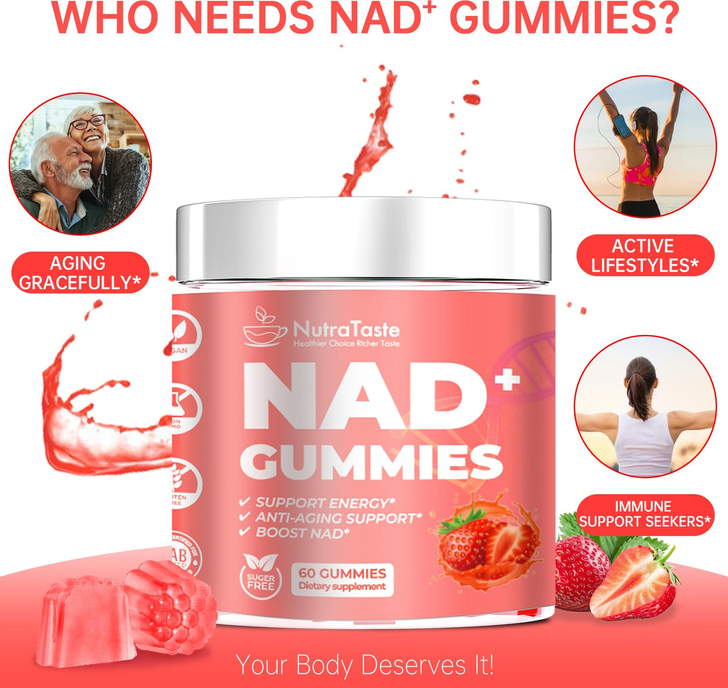 NUTRATASTE HEALTHIER CHOICE RICHER TASTE NAD⁺ Gummies Supplement for Anti-Aging, Energy & Focus Boost | Resveratrol, Nicotinamide Riboside | Strawberry Flavor, Vegan, Sugar-Free,60 Count (Pack of 1) - Maple Wellness Supplements