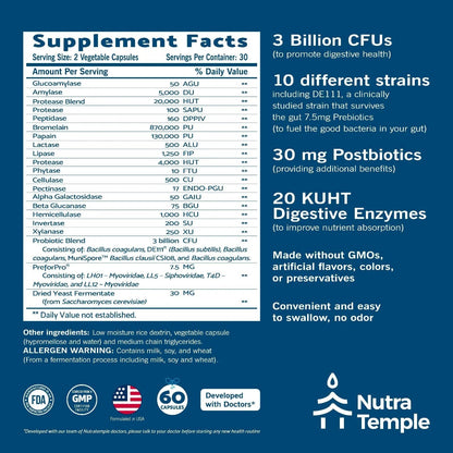 NUTRATEMPLE 4 in 1 Pre Post Probiotics & Digestive Enzymes for Women & Men - Digestive Health, Gut & Immune Support for Occasional Constipation, Diarrhea, Gas & Bloating – 60 Veggie Capsules - Maple Wellness Supplements