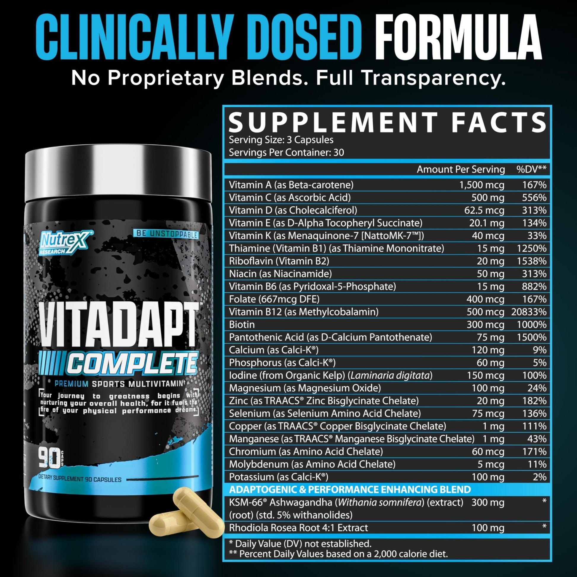 Nutrex Research Vitadapt Complete Sports Multivitamin for Men - 24 Vitamins, KSM-66 Ashwagandha and Minerals for Athletes - Mens Multivitamin (90 Capsules) - Maple Wellness Supplements