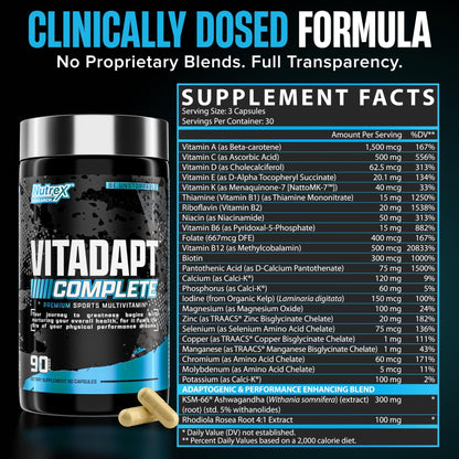 Nutrex Research Vitadapt Complete Sports Multivitamin for Men - 24 Vitamins, KSM-66 Ashwagandha and Minerals for Athletes - Mens Multivitamin (90 Capsules) - Maple Wellness Supplements
