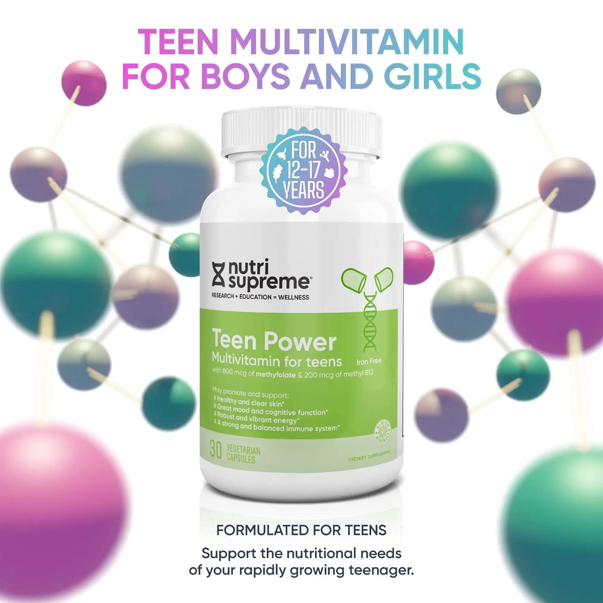 Nutri Supreme Teen Multivitamin for Boys and Girls 12-17, Best Kosher One Per Day Teen Vitamins, Formulated for Teen Development - Maple Wellness Supplements