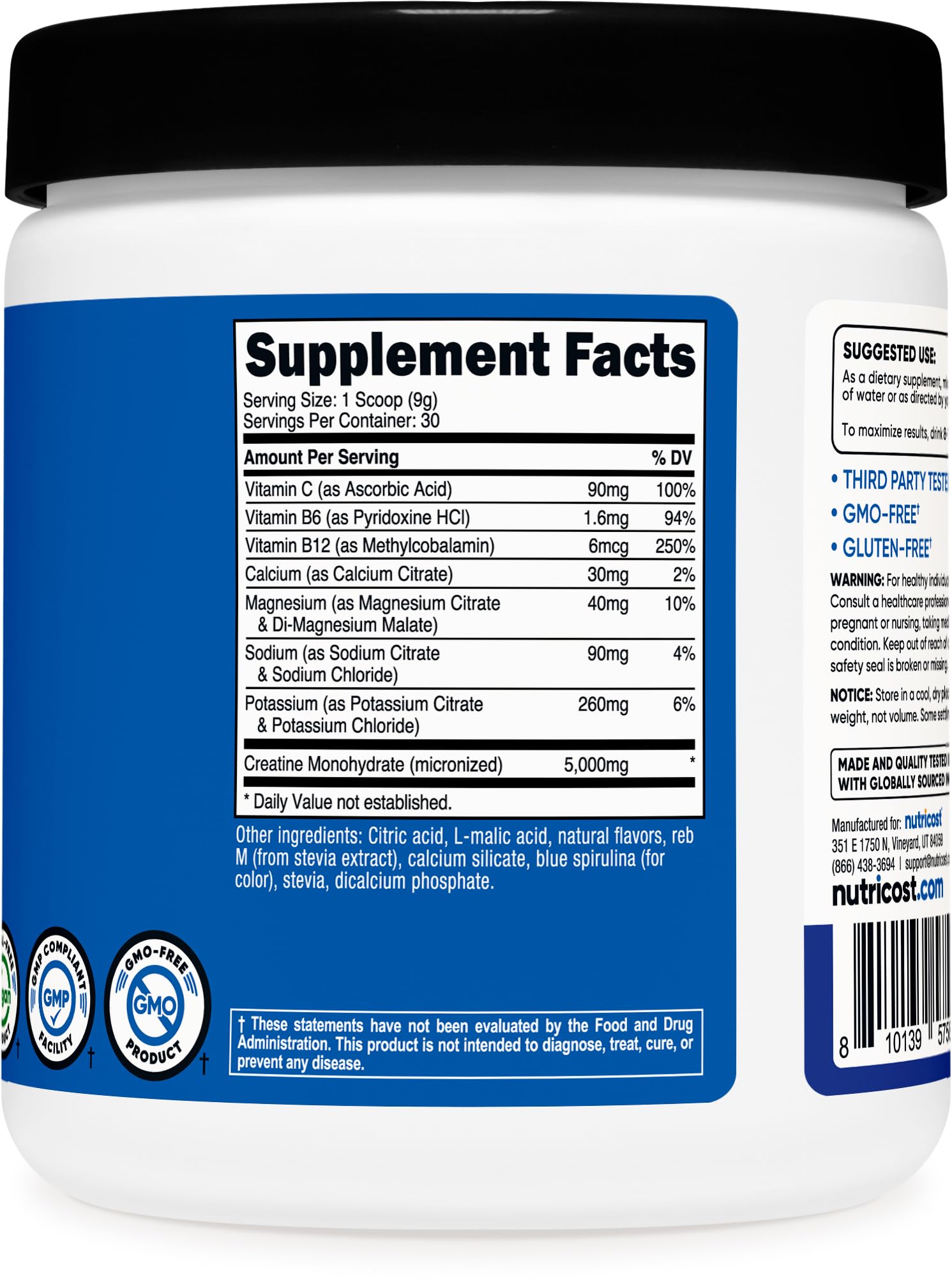 Nutricost Creatine Monohydrate + Hydration Blue Raspberry Flavored (30 Servings) - 7 Vitamins & Minerals, 5000mg of Creatine Per Serving - Maple Wellness Supplements