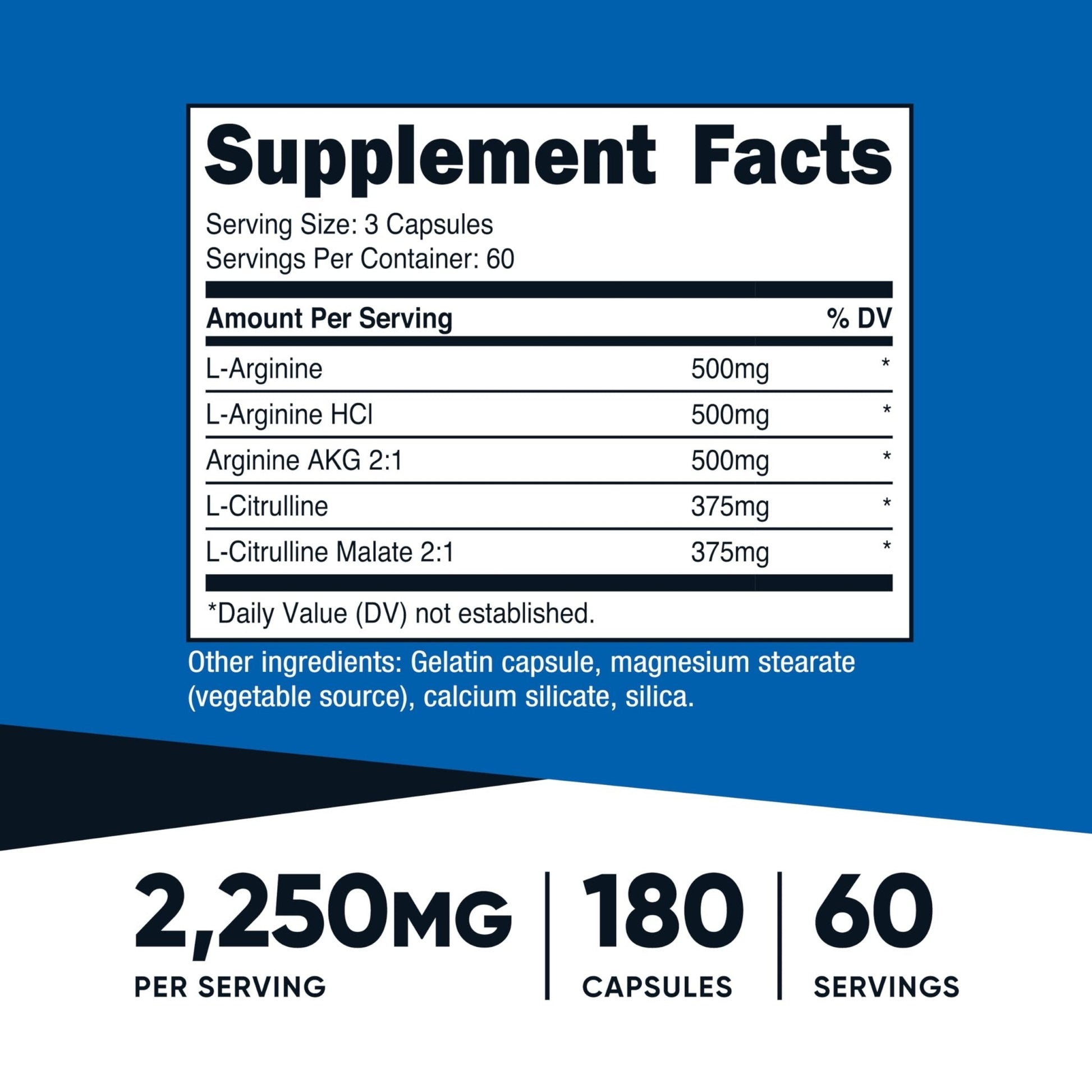 Nutricost Nitric Oxide Booster 2250mg, 180 Capsules - 750mg Per Casule, 60 Servings - Gluten Free and Non-GMO - Maple Wellness Supplements