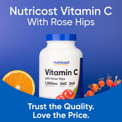 Nutricost Vitamin C with Rose Hips 1025mg, 240 Capsules - Vitamin C 1,000mg, Rose Hips 25mg, Premium - Maple Wellness Supplements