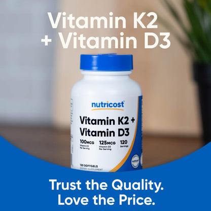 Nutricost Vitamin D3 + K2 (5000 IU D3 / 100mcg MK7), 120 Softgels – Gluten-Free & Non-GMO - Maple Wellness Supplements